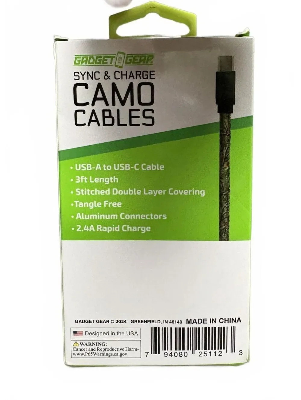 Gadget Gear Camo Cable – 3ft USB-A to USB-C Rapid Charge Cable